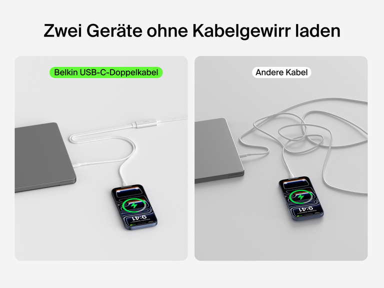 Das geflochtene Belkin BoostCharge Pro USB-C-Doppelkabel, das sich zum Laden von zwei Ger&auml;ten &uuml;ber ein Kabel eignet, wodurch Kabelgewirr vermieden wird, wird neben herk&ouml;mmlichen Ladem&ouml;glichkeiten gezeigt.